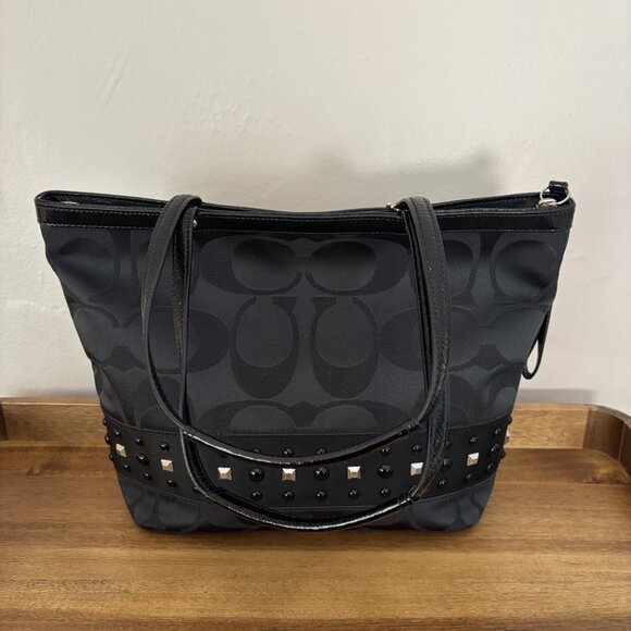 Coach Black Sateen Signature C Black Patent Leather Trim Studded Tote - Picture 3 of 10